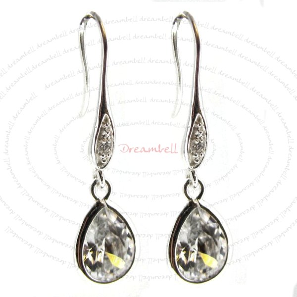 2x Sterling Silver Clear CZ Crystal Teardrop Charm Dangle French Hook Earwire Earring