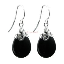 2x Sterling Silver Flower Bail Teardrop Black Onyx Charm Dangle French Hook Earwire Earring