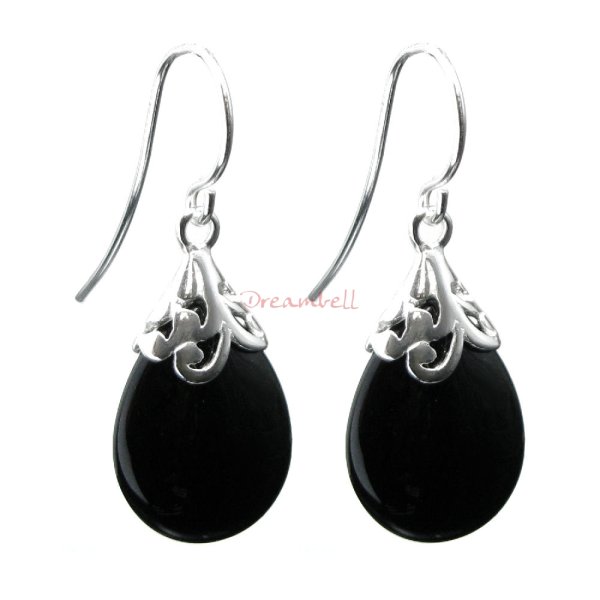2x Sterling Silver Flower Bail Teardrop Black Onyx Charm Dangle French Hook Earwire Earring