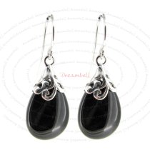 2x Sterling Silver Flower Bail Teardrop Black Onyx Charm Dangle French Hook Earwire Earring