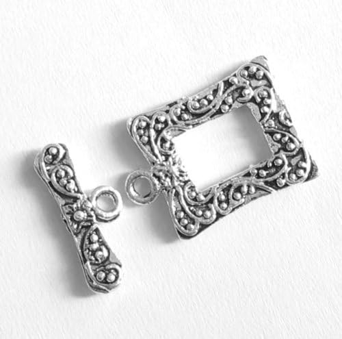 1x Bali Sterling Silver Flower Toggle Clasp - 14mm Antique Rectangle Clasp