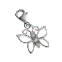 Rhodium Sterling Silver Butterfly CZ Crystal Dangle Pendant for European Lobster Clip on Charm