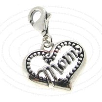 1x Sterling Silver Love Mom Heart Dangle Pendant for European Lobster Clip on Charm