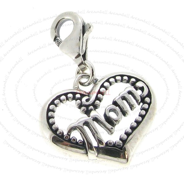 1x Sterling Silver Love Mom Heart Dangle Pendant for European Lobster Clip on Charm