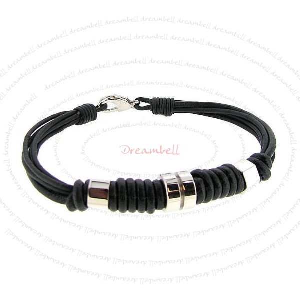 Stainless Steel Knots Black 1mm Strands Leather Cord Lobster Clasp Bracelets 8"