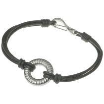Stainless Steel Ring Knotted Strands Black Leather Cord 1.5mm Shrimp Clasp Wristband Bracelet 7"