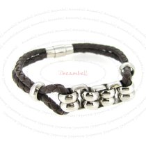 Stainless Steel Ring Chain Brown Braided Bolo Leather Cord 4mm Magnetic Cuff Wristband Bracelet 7.5″