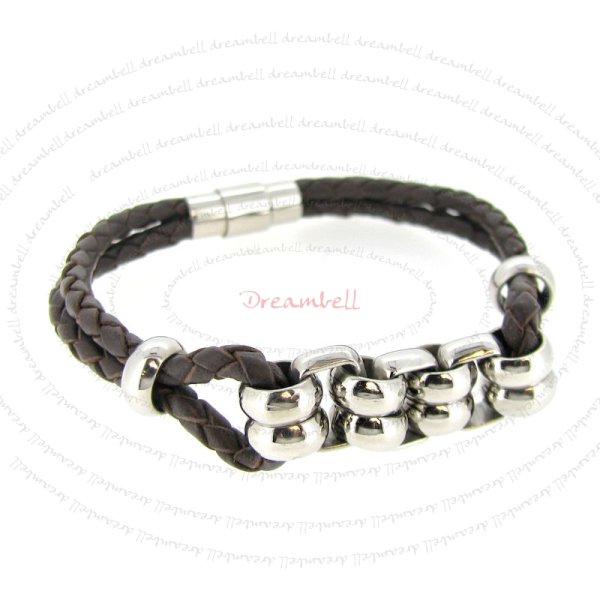 Stainless Steel Ring Chain Brown Braided Bolo Leather Cord 4mm Magnetic Cuff Wristband Bracelet 7.5"