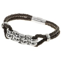 Stainless Steel Ring Chain Brown Braided Bolo Leather Cord 4mm Magnetic Cuff Wristband Bracelet 7.5"