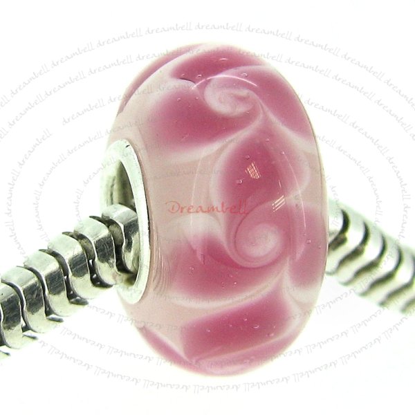 Sterling Silver Pink Rose Flower Round Murano Glass Bead for European Charm Bracelets