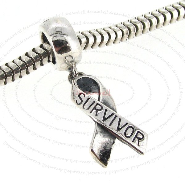 Sterling Silver Ribbon Breast Cancer Survivor Dangle Bead for European Charm Bracelets