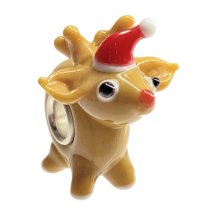 Sterling Silver Christmas Rudolph Reindeer Red Nose Deer Glass European Bead Charm