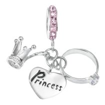 Sterling Silver Princess Ring Crown Pink CZ Crystal Love Heart Dangle Enamel Charm Bead for European Bracelet