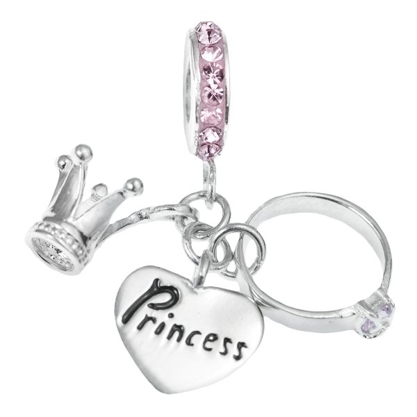 Sterling Silver Princess Ring Crown Pink CZ Crystal Love Heart Dangle Enamel Charm Bead for European Bracelet