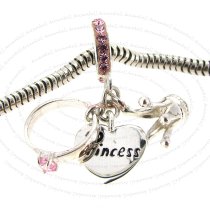 Sterling Silver Princess Ring Crown Pink CZ Crystal Love Heart Dangle Enamel Charm Bead for European Bracelet
