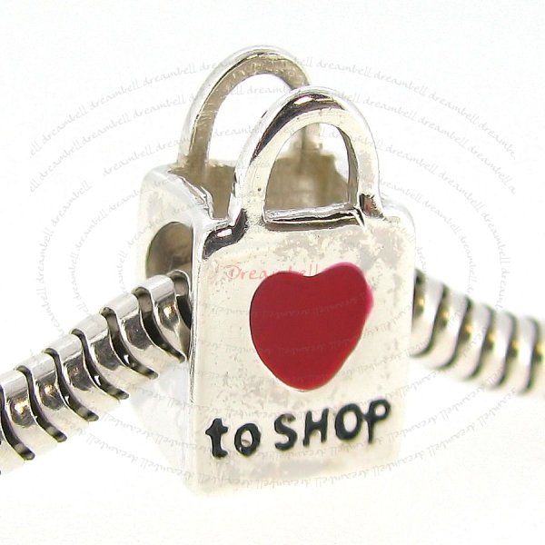 1x 925 Sterling Silver Love to Shop Shopping Bag w/ Red Heart Enamel Bead Fits European Charm Bracelet