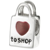 1x 925 Sterling Silver Love to Shop Shopping Bag w/ Red Heart Enamel Bead Fits European Charm Bracelet