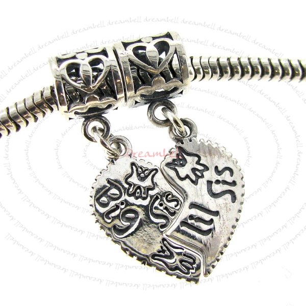 Sterling Silver Big Lil Sis Sister Love Heart Pendant Dangle Bead for European Charm Bracelets