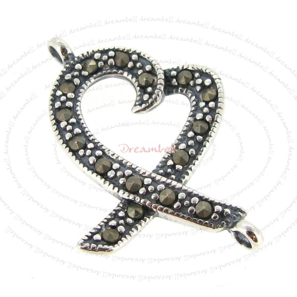 1x Sterling Silver Antique Peace Heart Ribbon Marcasite Link Connector