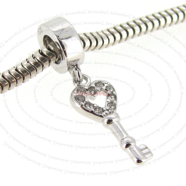 Rhodium Over Sterling Silver Heart Key CZ Dangle Pendant European Bead Charm