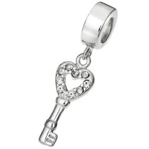 Rhodium Over Sterling Silver Heart Key CZ Dangle Pendant European Bead Charm