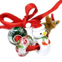 4pcs Sterling Silver Christmas Assorted Deer Snowman Snowflake Gift Stick with Ribbon Glass Bead for European Charm Bracelets