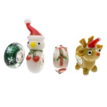 4pcs Sterling Silver Christmas Assorted Deer Snowman Snowflake Gift Stick with Ribbon Glass Bead for European Charm Bracelets