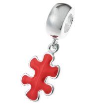 Sterling Silver Autism Jigsaw Puzzle Red Enamel Dangle Awareness Bead for European Charm Bracelets