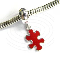 Sterling Silver Autism Jigsaw Puzzle Red Enamel Dangle Awareness Bead for European Charm Bracelets