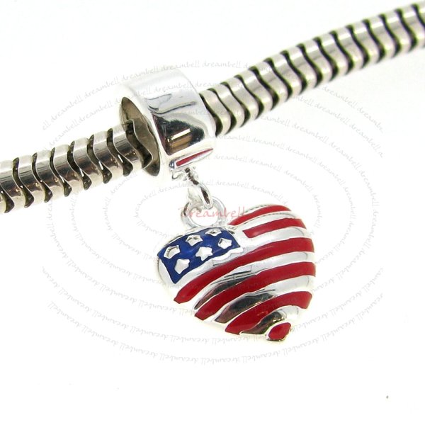 Sterling Silver Love USA Flag Enamel Heart Dangle Bead for European Charm Bracelets