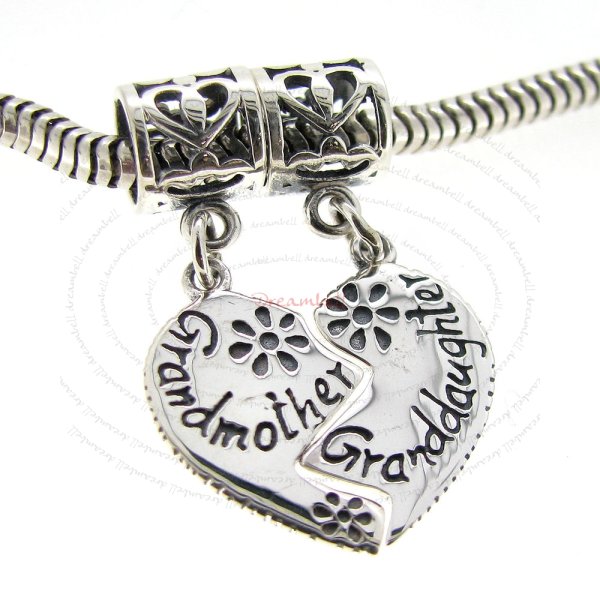 Sterling Silver Granddaughter Grandmother Love Heart Dangle Pendant Bead for European Charm Bracelets