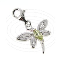 Rhodium Sterling Silver Green Dragonfly CZ Crystal Dangle Pendant for European Lobster Clip on Charm
