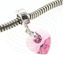 Sterling Silver Birthstone Rose Pink Heart Dangle Bead for European Charm Bracelets Using Swarovski Elements Crystal