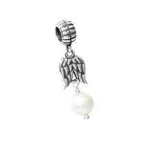 Sterling Silver Guardian Angel Wings / White Pearl w/ Feather Dangle Bead for European Charm Bracelets