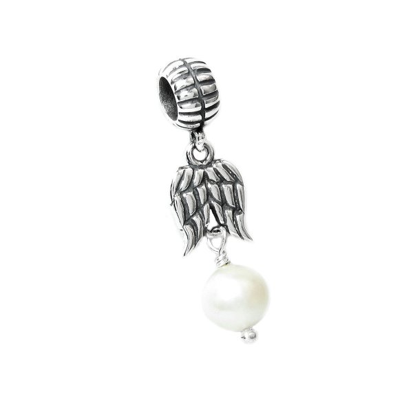 Sterling Silver Guardian Angel Wings / White Pearl w/ Feather Dangle Bead for European Charm Bracelets