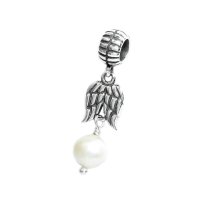 Sterling Silver Guardian Angel Wings / White Pearl w/ Feather Dangle Bead for European Charm Bracelets