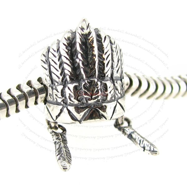 Sterling Silver American Indian Feather Headdress Hat Dangle Bead for European Charm Bracelets