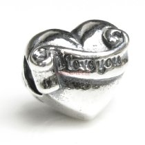 Antique 925 Sterling Silver I Love You Banner on Heart European Bead Charm