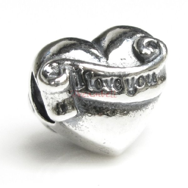 Antique 925 Sterling Silver I Love You Banner on Heart European Bead Charm