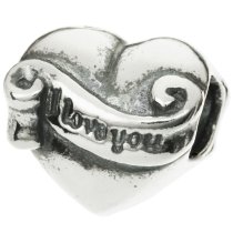 Antique 925 Sterling Silver I Love You Banner on Heart European Bead Charm
