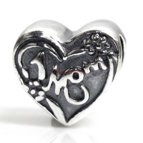 Antique 925 Sterling Silver Love #1 MOM Heart European Bead Charm