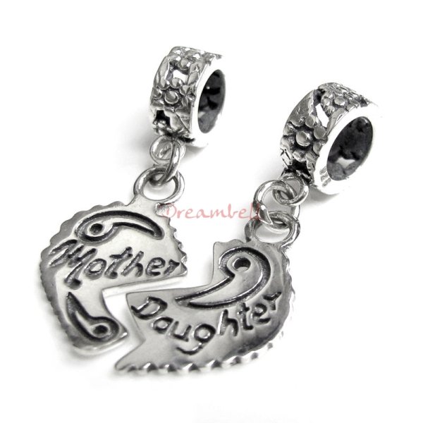 Sterling Silver Daughter Mother Love Heart Flower Dangle Pendant Charm Bead for European Charm Bracelets