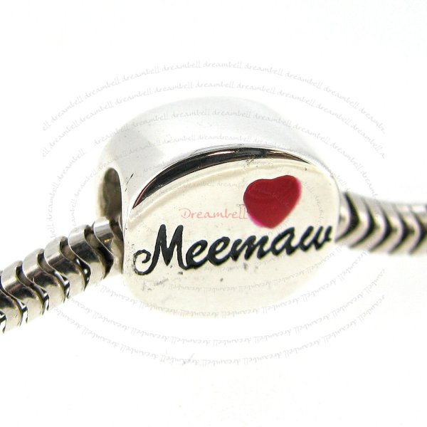 Sterling Silver Love Meemaw Grandmother Nana Red Heart Enamel Bead for European Charm Bracelets