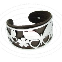 Stainless Steel Butterfly Flower Brown Leather Cord 2mm Cuff Wristband Bangle Bracelet 7″