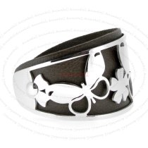 Stainless Steel Butterfly Flower Brown Leather Cord 2mm Cuff Wristband Bangle Bracelet 7"