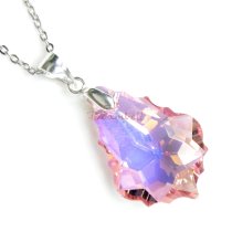 Baroque Pink Rose AB Pendant w/ Rhodium on Sterling Silver Adjustable Chain Necklace 16″ with 2″ Extender 18″ Using Swarovski Elements Crystal