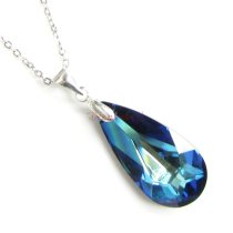 Teardrop Bermuda Blue Pendant w/ Rhodium on Sterling Silver Adjustable Chain Necklace 16″ with 2″ Extender 18″ Using Swarovski Elements Crystal