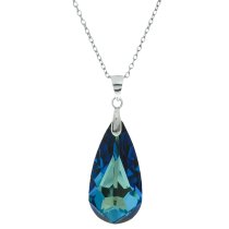 Teardrop Bermuda Blue Pendant w/ Rhodium on Sterling Silver Adjustable Chain Necklace 16" with 2" Extender 18" Using Swarovski Elements Crystal