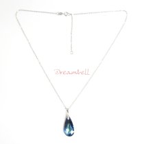 Teardrop Bermuda Blue Pendant w/ Rhodium on Sterling Silver Adjustable Chain Necklace 16" with 2" Extender 18" Using Swarovski Elements Crystal