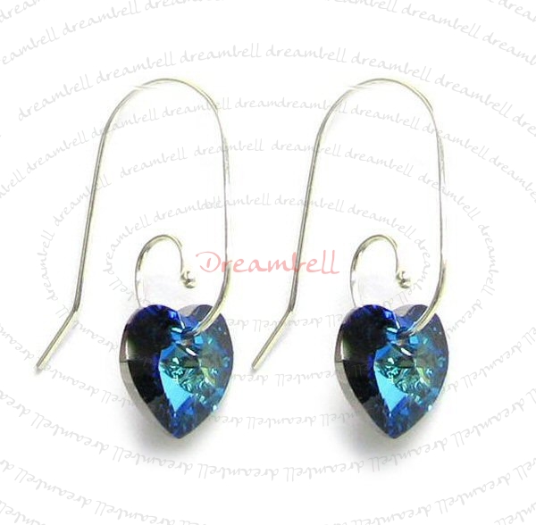 2x Sterling Silver Bermuda Blue Heart of Ocean Crystal Earring w/ Swirl Earwire Ear Wire Using Swarovski Elements Crystal